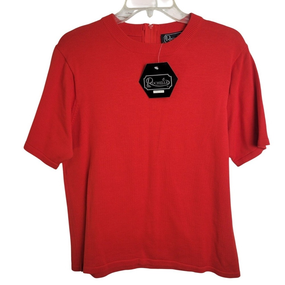 NOS Rochelle Knit Top Short Sleeve Back Zip Classic Minimalist Red Womens SZ XS‎